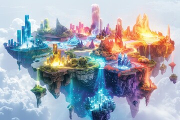 a colorful, fantastical world with a city in the middle