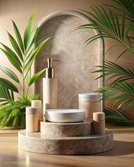 Poster - Cosmetic productsle podium with palm leaves and marble background.