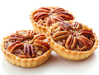 Three small pies with pecans on top