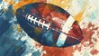 Abstract pop sports art. watercolor. an american football(rugby) in a fast-moving on blue, red and yellow watercolor background.	