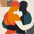Modern abstract art. Silhouettes of two people embracing each other in colorful hues.