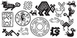 A set of tribal birds, black and white isolated vector. Aztec style Mexican designs