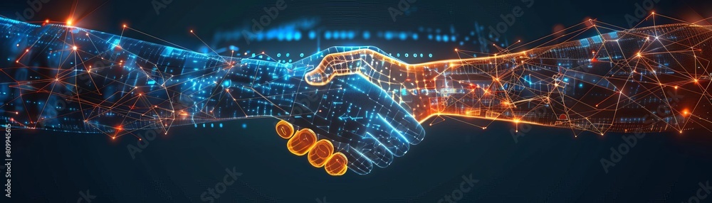 Simple and clear icon of a handshake transformed into digital data ...