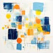 Abstract art print, blue, yellow and orange shapes and lines shapes and lines
