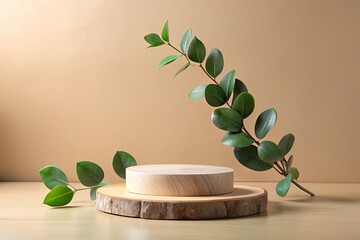 Canvas Print - Wooden podium with eucalyptus branches on beige background