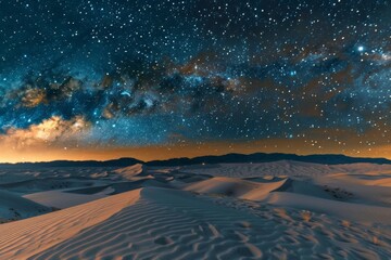 A vast desert landscape, wind-sculpted sand dunes stretching to the horizon under a starlit night sky