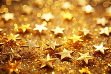 Wall Mural - golden christmas stars on golden glitter background, shallow dof. AI generated
