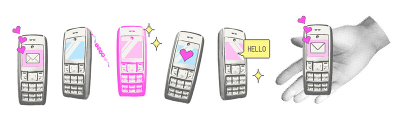 feature phones trendy y2k elements set. old button dumb mobile phone . halftone collage with pixel h