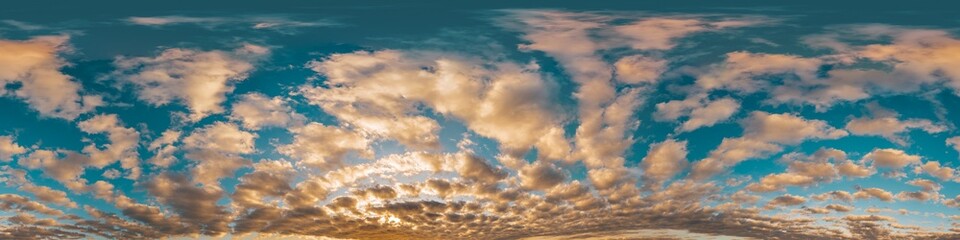 Wall Mural - sunset sky with bright glowing pink cumulus clouds. seamless spherical hdr 360 panorama. full zenith