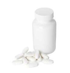 Sticker - Bottle and pile of vitamin pills isolated on white