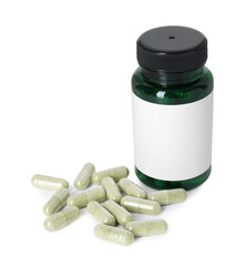 Sticker - Bottle and pile of vitamin pills isolated on white