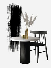 Wall Mural - A table with two chairs set up in front of a golden and black painting, with a vase filled with flowers placed in the center