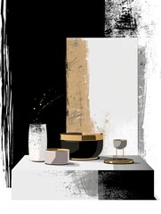 Wall Mural - A golden and black painting featuring a glass of wine in a black and white color scheme