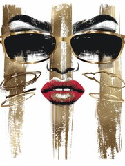 Wall Mural - A golden and black painting featuring a womans face wearing stylish sunglasses