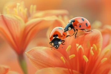 Wall Mural - two ladybugs are on a flower