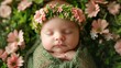 © alphaspirit - Peaceful newborn wrapped in a green cloth sleeps among delicate pink flowers