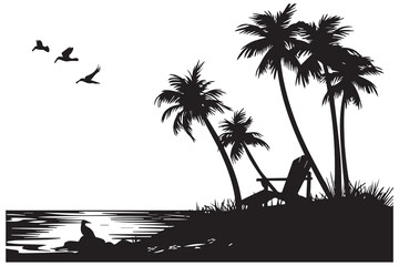 Wall Mural - summer Scene With A Beach Chair With small Palm Trees, and sunbird Beach Time, Summer Vacation black silhouette white background