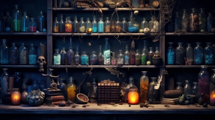 Wall Mural - Illustration of occult magic magazine and shelf with various potions, bottles, poisons, crystals, salt. Alchemical medicine concept	