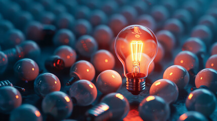 Poster - A 3D render of a shining light bulb standing next to extinguished ones, symbolizing a brilliant idea, Ai Generated