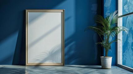 Wall Mural - Modern art gallery featuring a single large white frame on a deep blue wall, perfect for minimalist displays with window light. Perfect for editing 