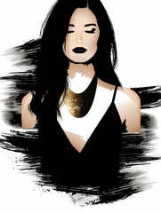 Wall Mural - A woman with long black hair is wearing a black and white top in front of a golden and black painting