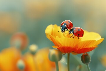 Wall Mural - two ladybugs are on a yellow flower