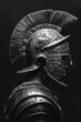 An abstract representation of a Roman helmet, its metal contours flowing like liquid silver, adorned with regal laurel wreath patterns,