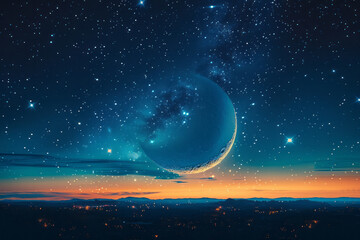 Leinwandbilder - A digital wallpaper featuring a gradient of midnight blue to onyx, with twinkling stars and a crescent moon,