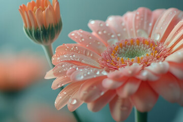 Poster - Macro photography of a flower with petals gradually changing color from pastel pink to light green,