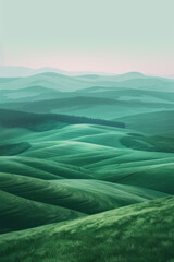 Wall Mural - Surreal digital landscape of rolling hills under a sky with a smooth gradient from pastel pink to light green,