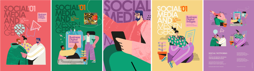 Digital business, social networks and instant messengers, using a smartphone, telephone and tablet, making a check mark and communication. Vector illustrations of modern bright trendy characters