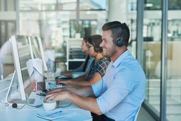 Poster - Call center, business agent and man at computer with customer service and crm work. Contact us, smile and phone consultant at a coworking office with headset and operator with web advice at desk