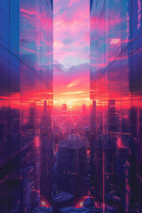 Aufkleber - Illustration of a futuristic cityscape with a gradient sky and geometric buildings overlaid with moving lines,