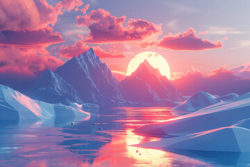 Poster - Concept art for a virtual reality environment with a gradient sky and interactive geometric objects,