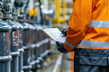 A safety officer is checking on the hazardous material checklist form with chemical storage area at the factory as background