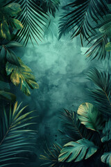 Aufkleber - Abstract painting featuring a gradient from forest green to deep ocean blue with silhouettes of tropical leaves,