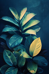 Leinwandbilder - Minimalist poster with a smooth gradient from emerald to navy blue, adorned with stylized tropical leaf outlines,