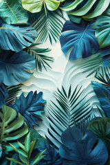 Aufkleber - Minimalist poster with a smooth gradient from emerald to navy blue, adorned with stylized tropical leaf outlines,