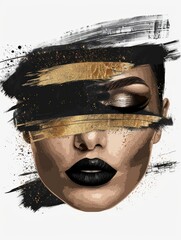 Sticker - Close-up of a womans face adorned with intricate black and gold makeup design, showcasing detailed patterns and shimmering colors