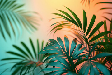 Leinwandbilder - Tropical themed party invitation with a gradient background from sea green to sky blue, decorated with palm leaves,