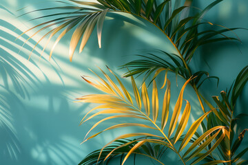 Aufkleber - Tropical themed party invitation with a gradient background from sea green to sky blue, decorated with palm leaves,