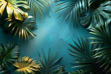 Aufkleber - Tropical themed party invitation with a gradient background from sea green to sky blue, decorated with palm leaves,