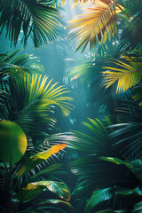 Aufkleber - Promotional flyer for a tropical resort, showcasing a gradient from green to blue and iconic palm leaves,
