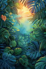Aufkleber - Childrenâ€™s book illustration of a jungle adventure with a background gradient from green to blue and playful leaf designs,