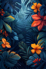 Aufkleber - Childrenâ€™s book illustration of a jungle adventure with a background gradient from green to blue and playful leaf designs,