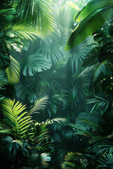 Aufkleber - Eco-tourism poster with a deep green to blue gradient and detailed illustrations of rainforest leaves,