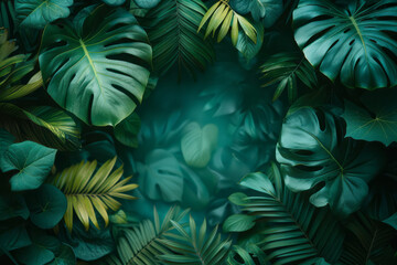 Aufkleber - Travel blog header with a dreamy gradient from forest green to aquamarine, decorated with tropical foliage,