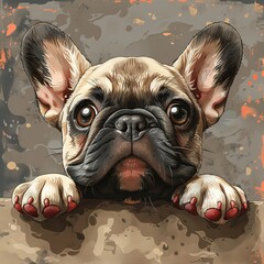 Wall Mural - Cute french bulldog puppy paws up over wall, dog face cartoon, vector illustration