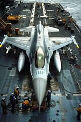 Wall Mural - F-16 undergoing maintenance on a carrier deck, crew members working, tools and equipment scattered around