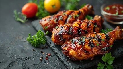 Wall Mural - Grilled chicken drumsticks or legs or roasted bbq with copy space for text